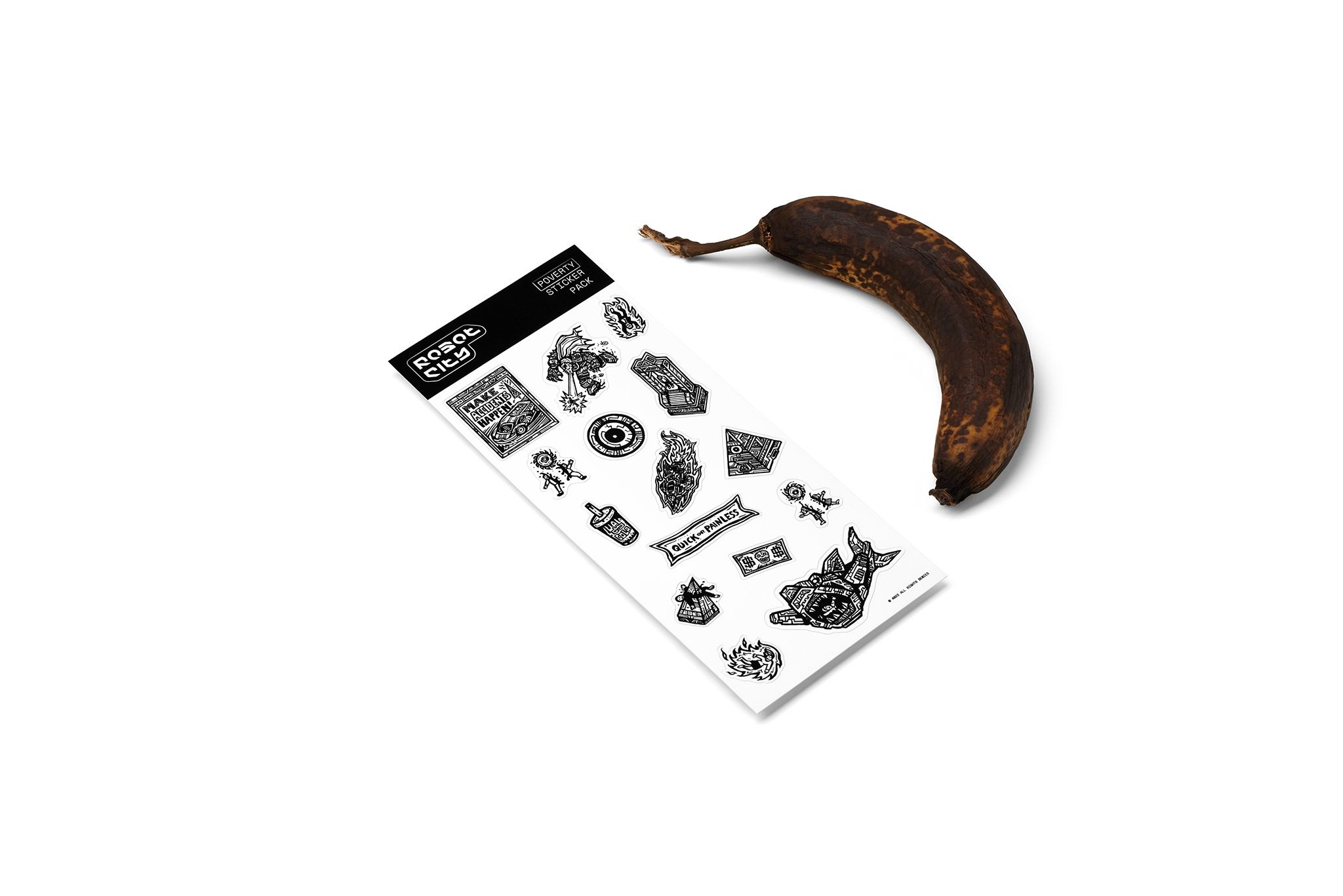Robot City Poverty Sticker Pack with a rotten banana for scale