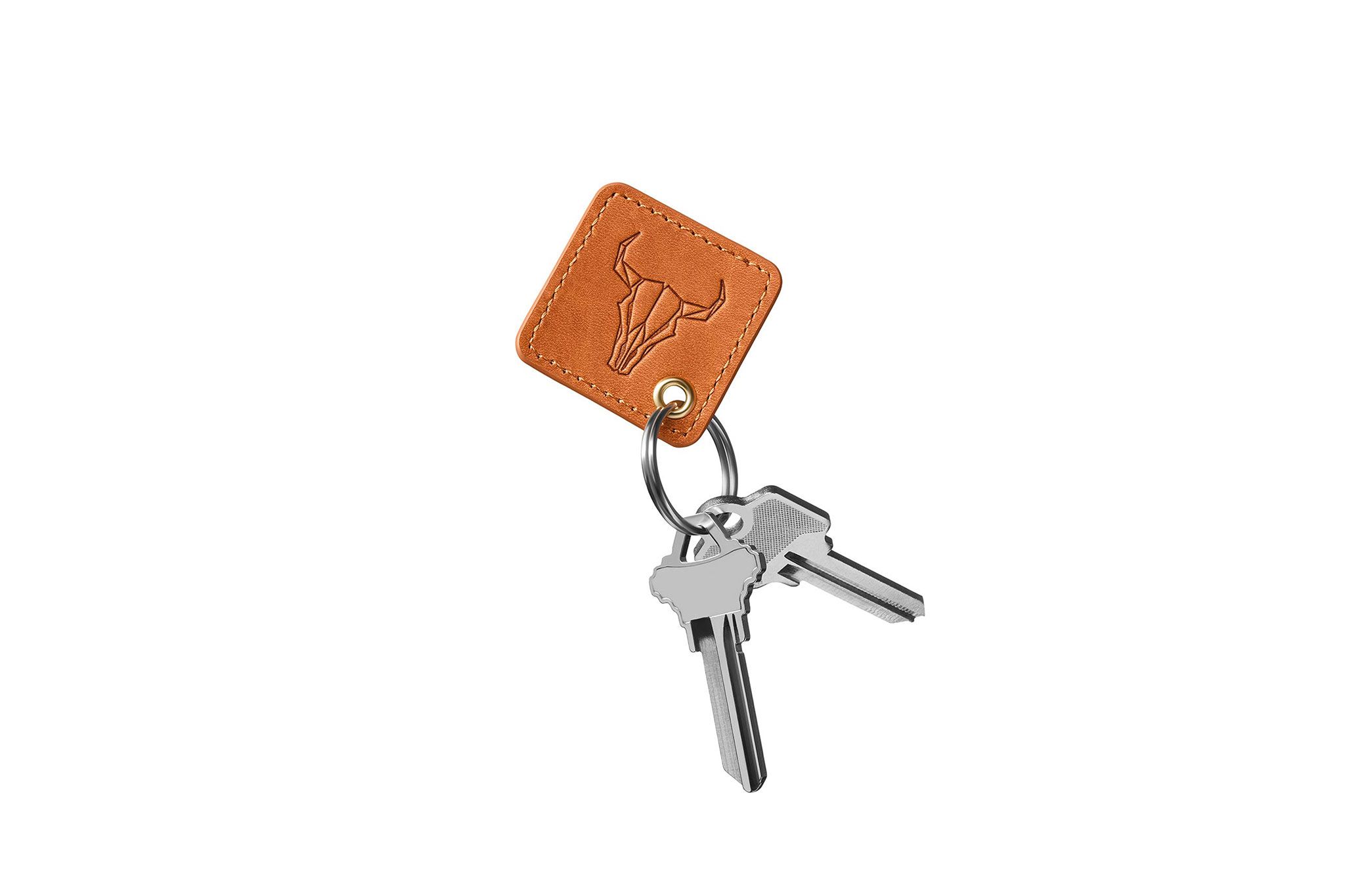 A tan leather keytag on a set of keys