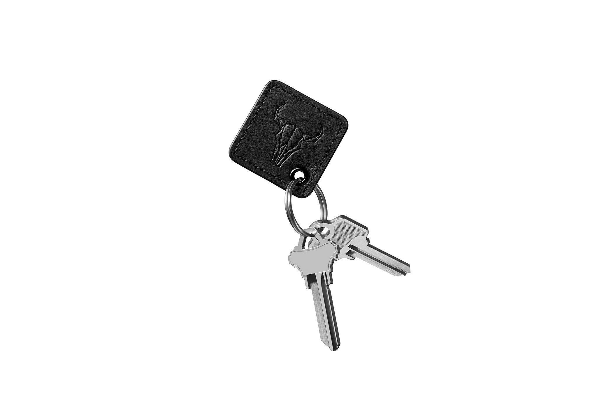 A black leather keytag on a set of keys