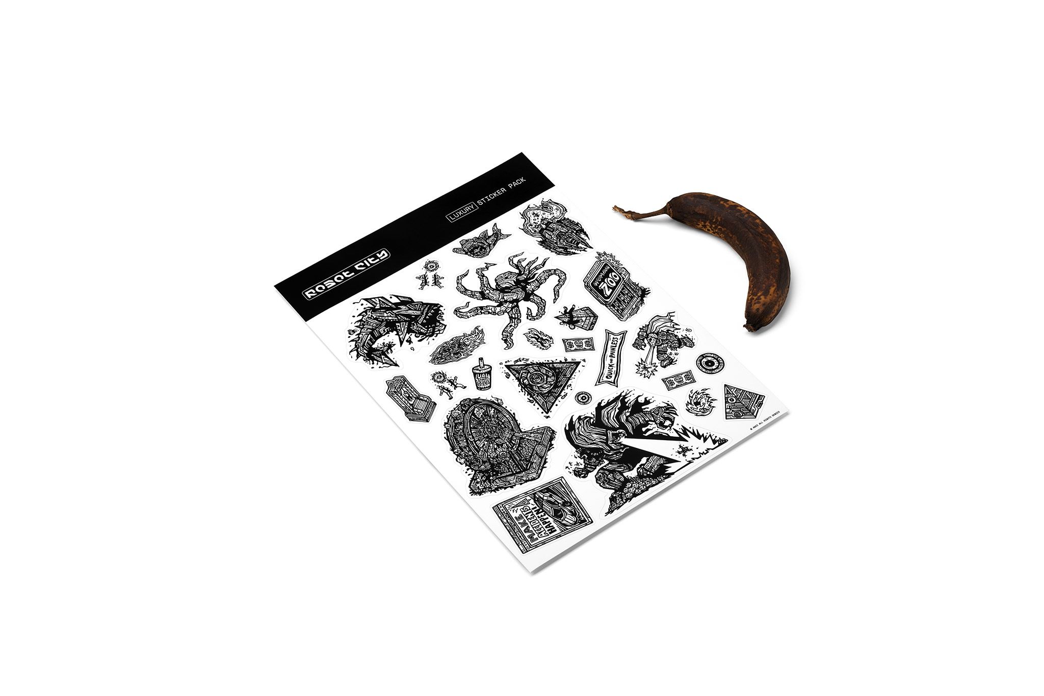 Robot City Luxury Sticker Pack with a rotten banana for scale